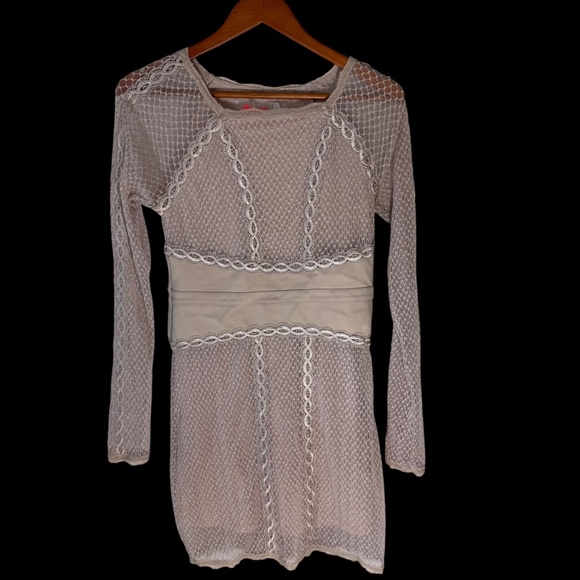 Free People Mixed Mesh Champagne Beige Bodycon Dress Sz S - Picture 2 of 5